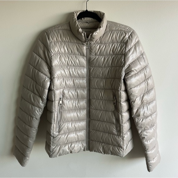Mango Jackets & Blazers - NWOT MANGO Shiny Cream Silver Puffer Zippered Jacket Large